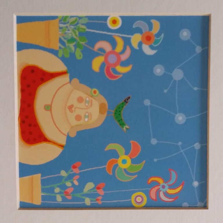Figura con abito rosso a pois su fondo azzurro, circondata da girandole colorate e linee che uniscono piccoli cerchi
